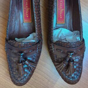 Cole Haan brown leather woven tassel loafers crafted In Italy